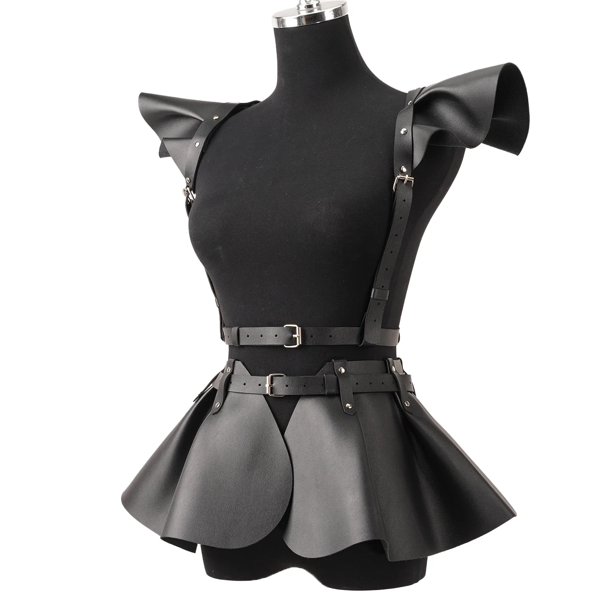 Gothic Punk Black PU Leather Ruffle Hem Body Harness Skirt For Women Adjustable Waist Shoulder Strap Decor For Club Rave Festiva