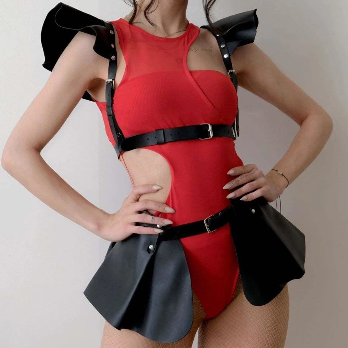 Gothic Punk Black PU Leather Ruffle Hem Body Harness Skirt For Women Adjustable Waist Shoulder Strap Decor For Club Rave Festiva