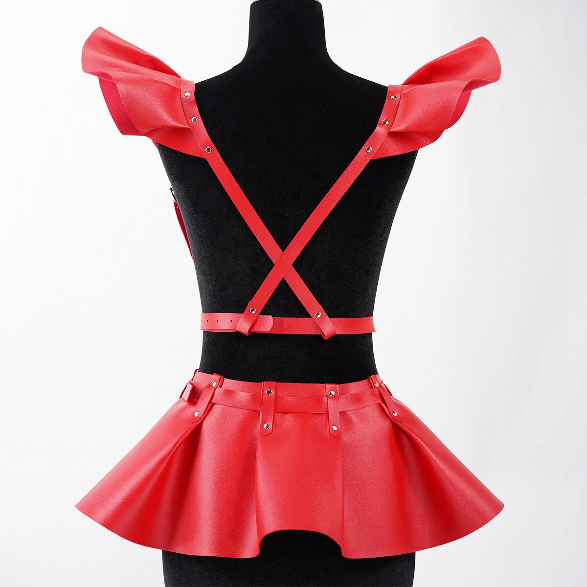 Gothic Punk Black PU Leather Ruffle Hem Body Harness Skirt For Women Adjustable Waist Shoulder Strap Decor For Club Rave Festiva