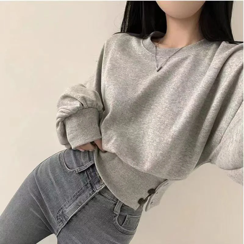 Autumn Women Solid O-Neck Slim Crop Top Lantern Sleeve With Button Sweat Casual Hip-Hop Sporty Pullover Sweet Chic Street Wear