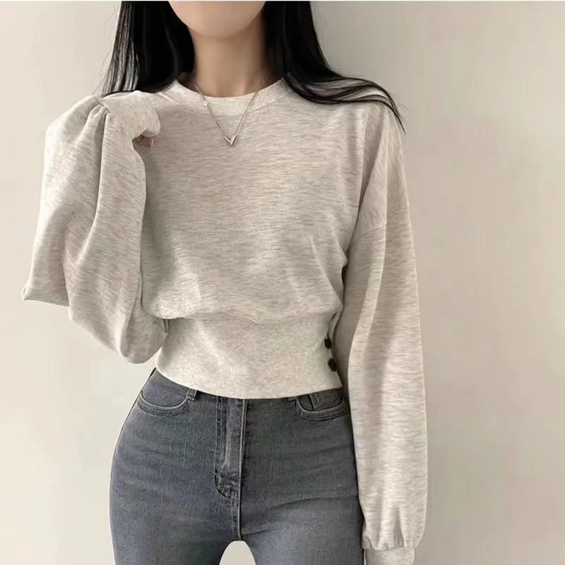 Autumn Women Solid O-Neck Slim Crop Top Lantern Sleeve With Button Sweat Casual Hip-Hop Sporty Pullover Sweet Chic Street Wear