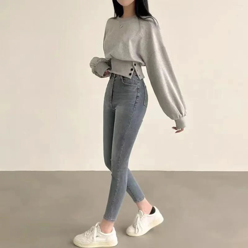Autumn Women Solid O-Neck Slim Crop Top Lantern Sleeve With Button Sweat Casual Hip-Hop Sporty Pullover Sweet Chic Street Wear