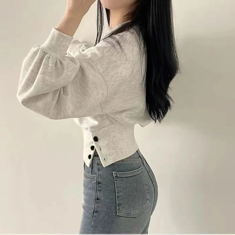 Autumn Women Solid O-Neck Slim Crop Top Lantern Sleeve With Button Sweat Casual Hip-Hop Sporty Pullover Sweet Chic Street Wear