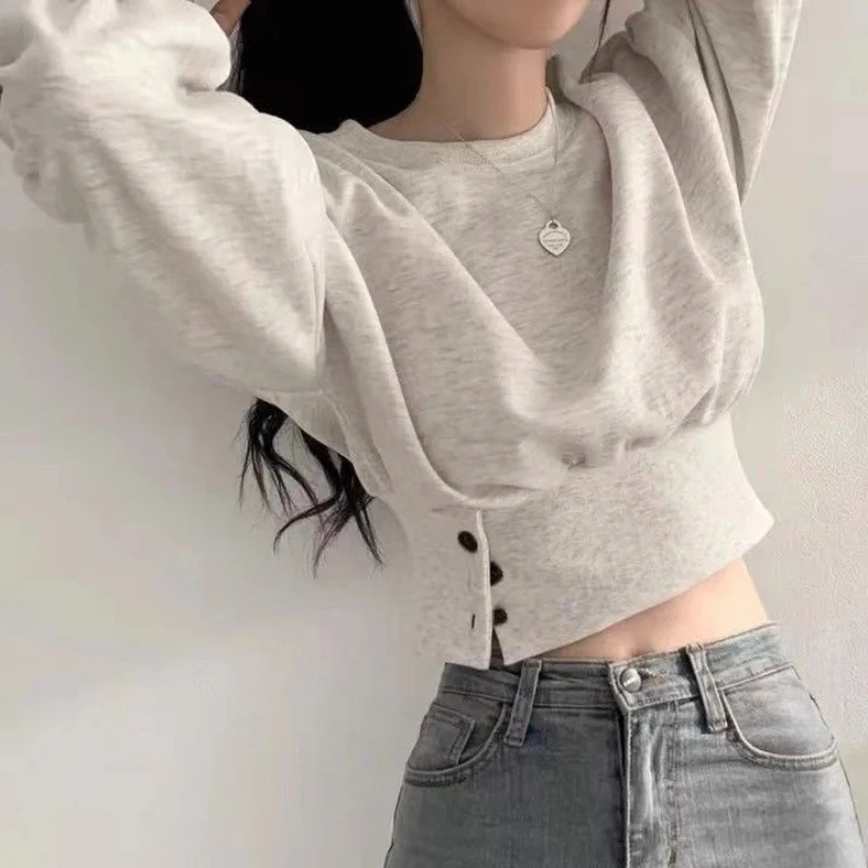 Autumn Women Solid O-Neck Slim Crop Top Lantern Sleeve With Button Sweat Casual Hip-Hop Sporty Pullover Sweet Chic Street Wear