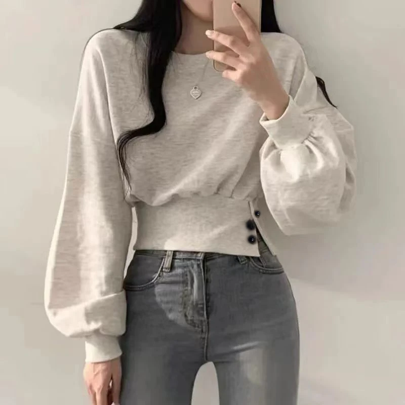 Autumn Women Solid O-Neck Slim Crop Top Lantern Sleeve With Button Sweat Casual Hip-Hop Sporty Pullover Sweet Chic Street Wear