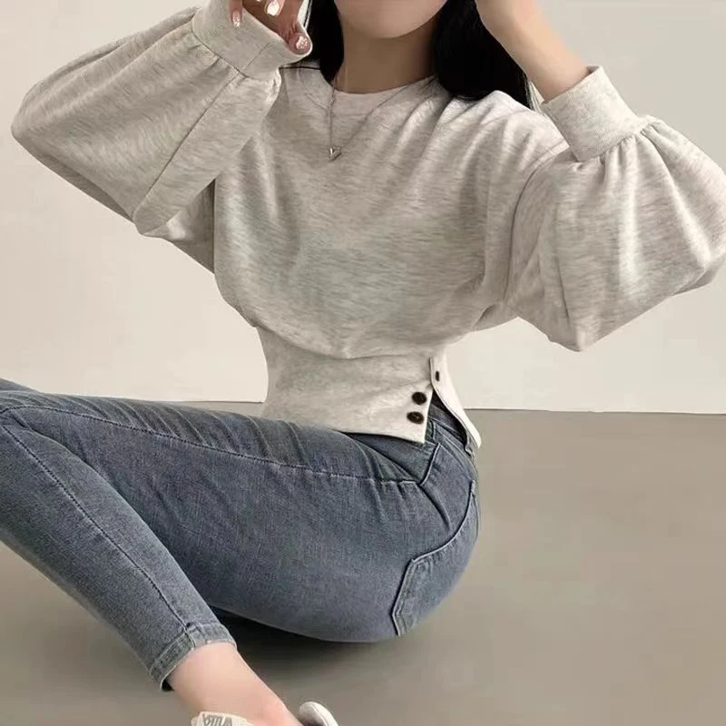 Autumn Women Solid O-Neck Slim Crop Top Lantern Sleeve With Button Sweat Casual Hip-Hop Sporty Pullover Sweet Chic Street Wear