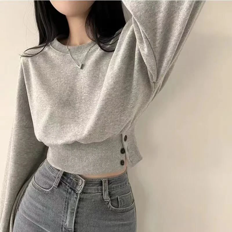 Autumn Women Solid O-Neck Slim Crop Top Lantern Sleeve With Button Sweat Casual Hip-Hop Sporty Pullover Sweet Chic Street Wear