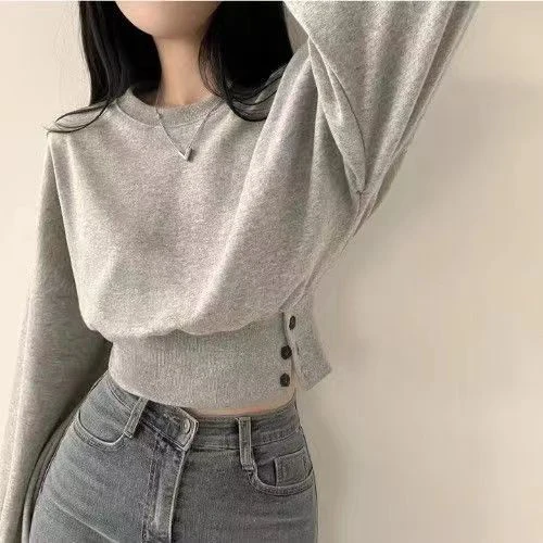Autumn Women Solid O-Neck Slim Crop Top Lantern Sleeve With Button Sweat Casual Hip-Hop Sporty Pullover Sweet Chic Street Wear