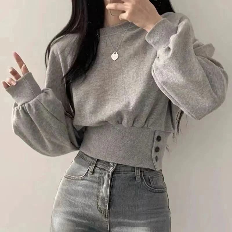 Autumn Women Solid O-Neck Slim Crop Top Lantern Sleeve With Button Sweat Casual Hip-Hop Sporty Pullover Sweet Chic Street Wear