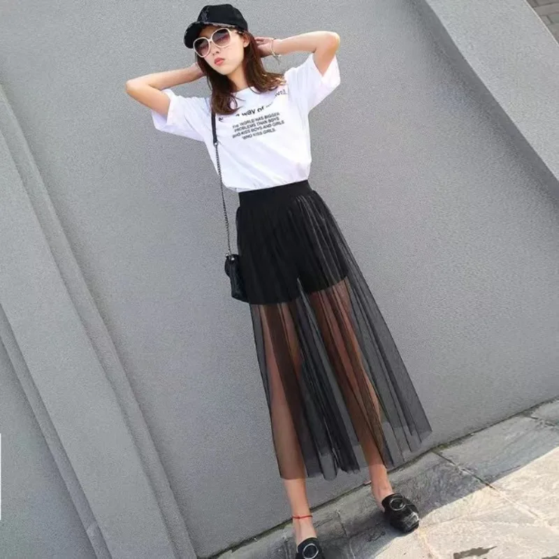 Women's Perspective Mesh Half Skirt Single Layer Long Skirt