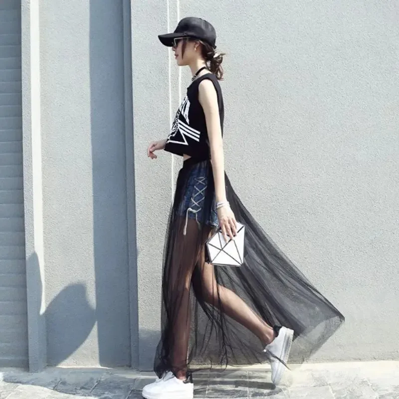 Women's Perspective Mesh Half Skirt Single Layer Long Skirt