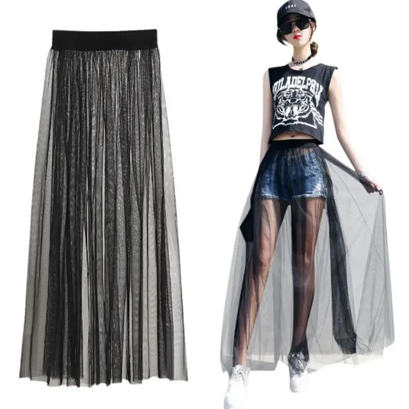 Women's Perspective Mesh Half Skirt Single Layer Long Skirt