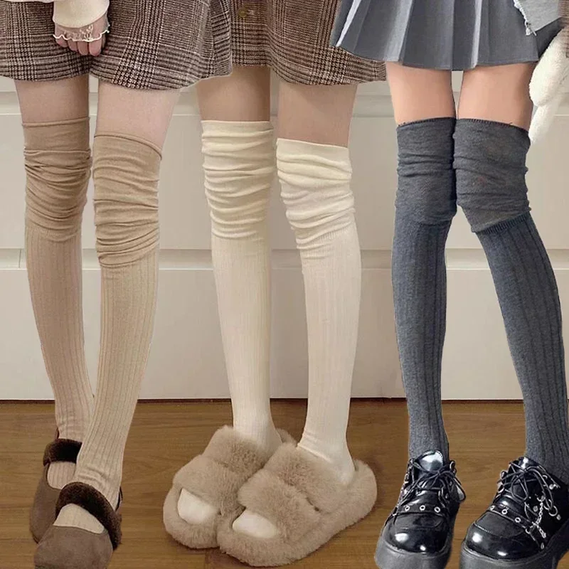 2pairs Women's Knee-length Socks Ladies Thigh-length SocksWarm Knitted Boot Socks Leg Warmers Japan JK Cotton Thigh High Bottoms