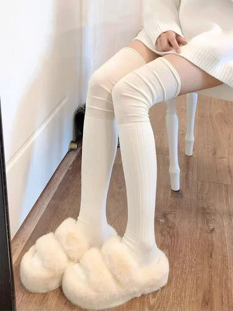 2pairs Women's Knee-length Socks Ladies Thigh-length SocksWarm Knitted Boot Socks Leg Warmers Japan JK Cotton Thigh High Bottoms