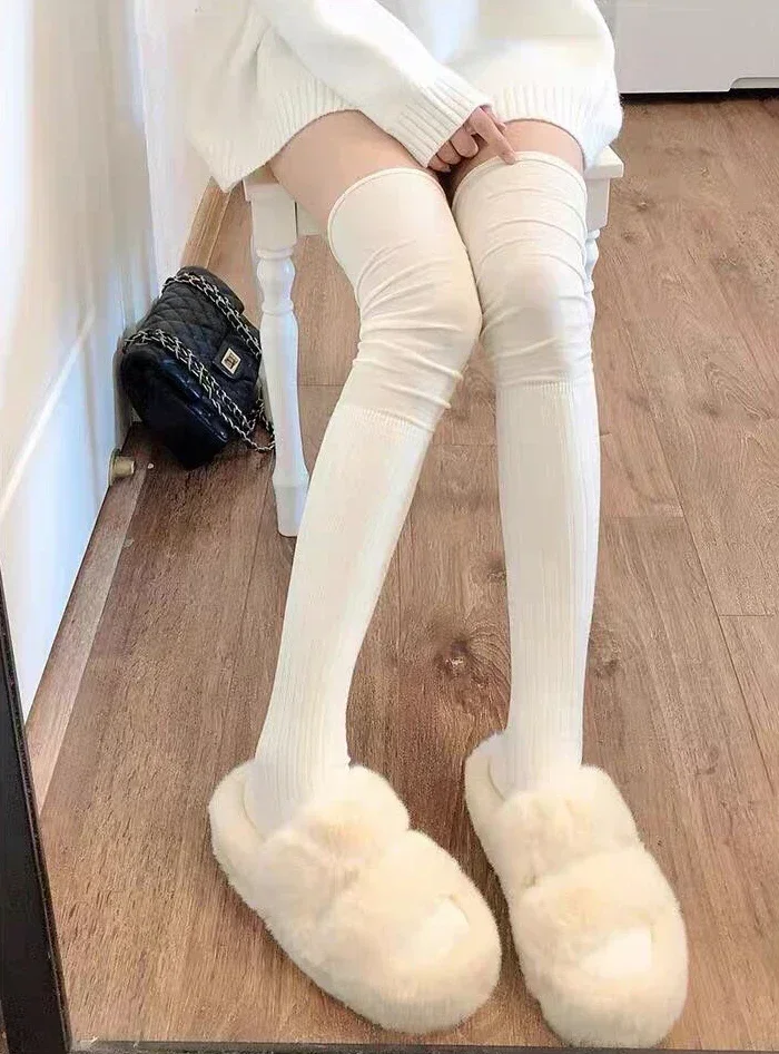 2pairs Women's Knee-length Socks Ladies Thigh-length SocksWarm Knitted Boot Socks Leg Warmers Japan JK Cotton Thigh High Bottoms