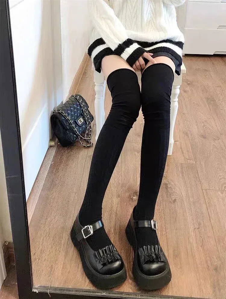 2pairs Women's Knee-length Socks Ladies Thigh-length SocksWarm Knitted Boot Socks Leg Warmers Japan JK Cotton Thigh High Bottoms