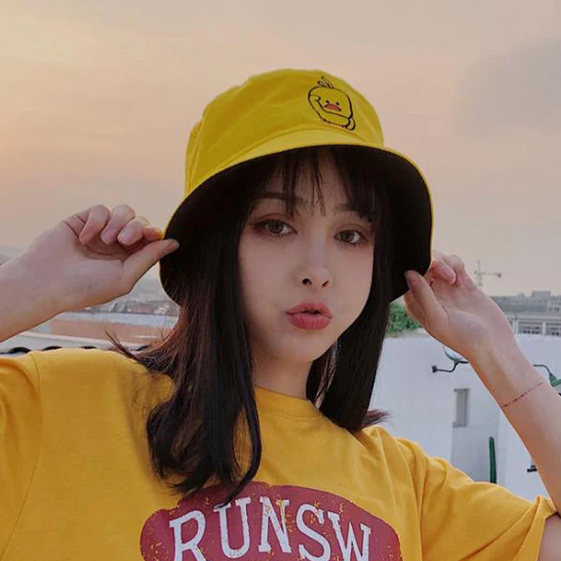 2024 Summer Duck Reversible Bucket Hat for Women Travel Fisherman Hat Sad Boys Bob Fishing Cap Girl Outdoor Panama Beach Sun Hat