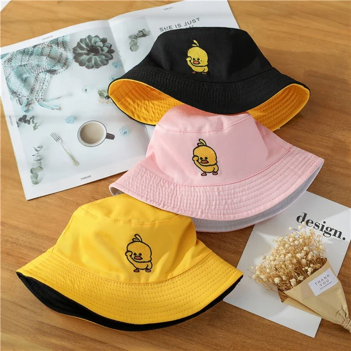 2024 Summer Duck Reversible Bucket Hat for Women Travel Fisherman Hat Sad Boys Bob Fishing Cap Girl Outdoor Panama Beach Sun Hat