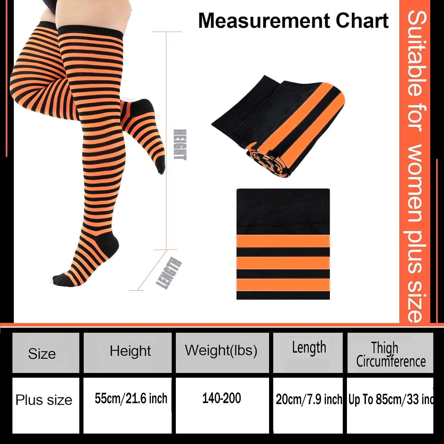 1 Pair Plus Size Thigh High Compression Socks Up To 200lb Striped Over Knee Long Boot Stockings Leg Warmers for Cosplay,Sports