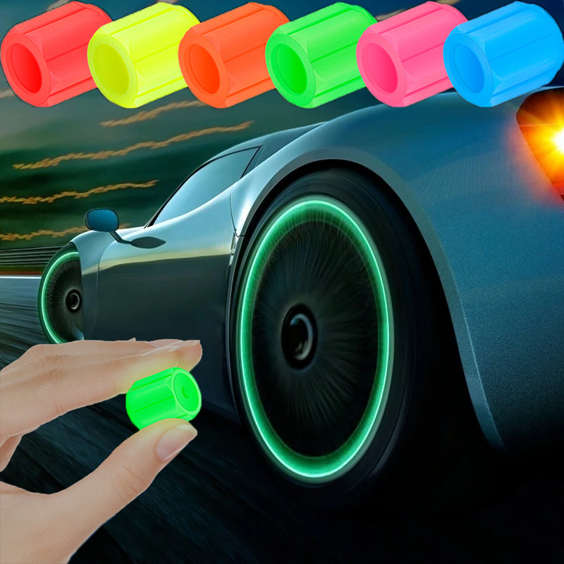 4pcs Luminous Tire Valve Caps Car Motorcycle Bicycle Wheel Tyre Hub Night Glowing Caps Tire Valve Stem Cover Fluorescent Decor