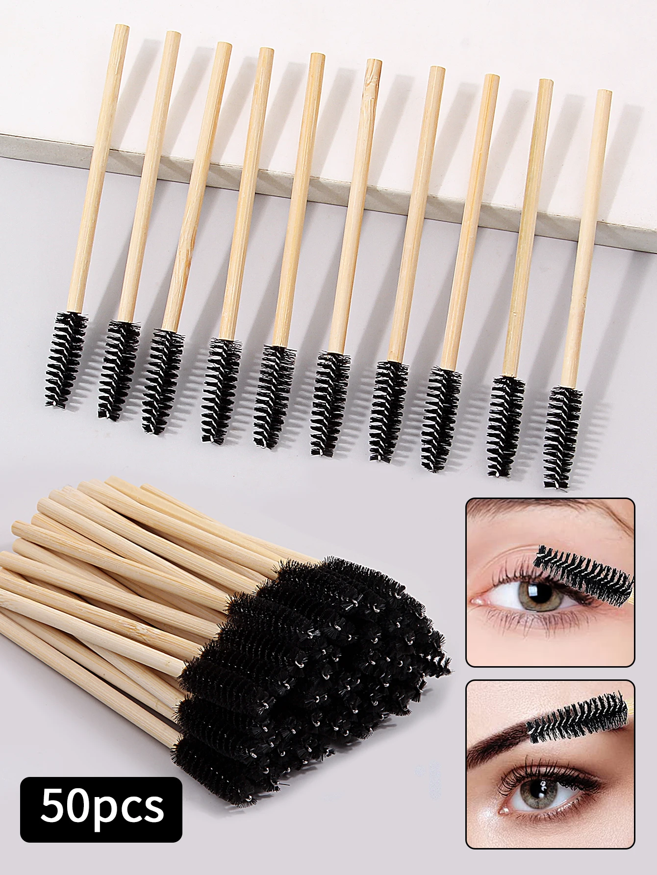 50Pcs Bamboo Handle Eyelash Brush Makeup Brush Eyelash Extension Mascara Wands Applicators Eye Lash Curling Comb Makeup Tools 