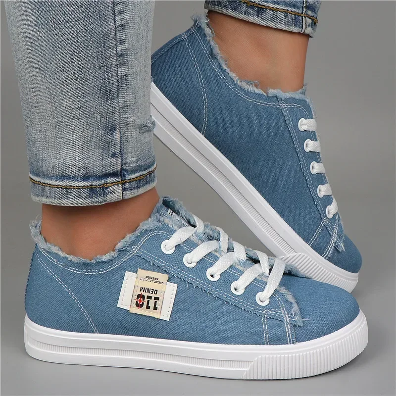 2024 Spring Summer Women Canvas Sneaker Low Top Denim Sneakers Ladies Lace-Up Flat Canvas Board Shoes Female Sapatos Femininos