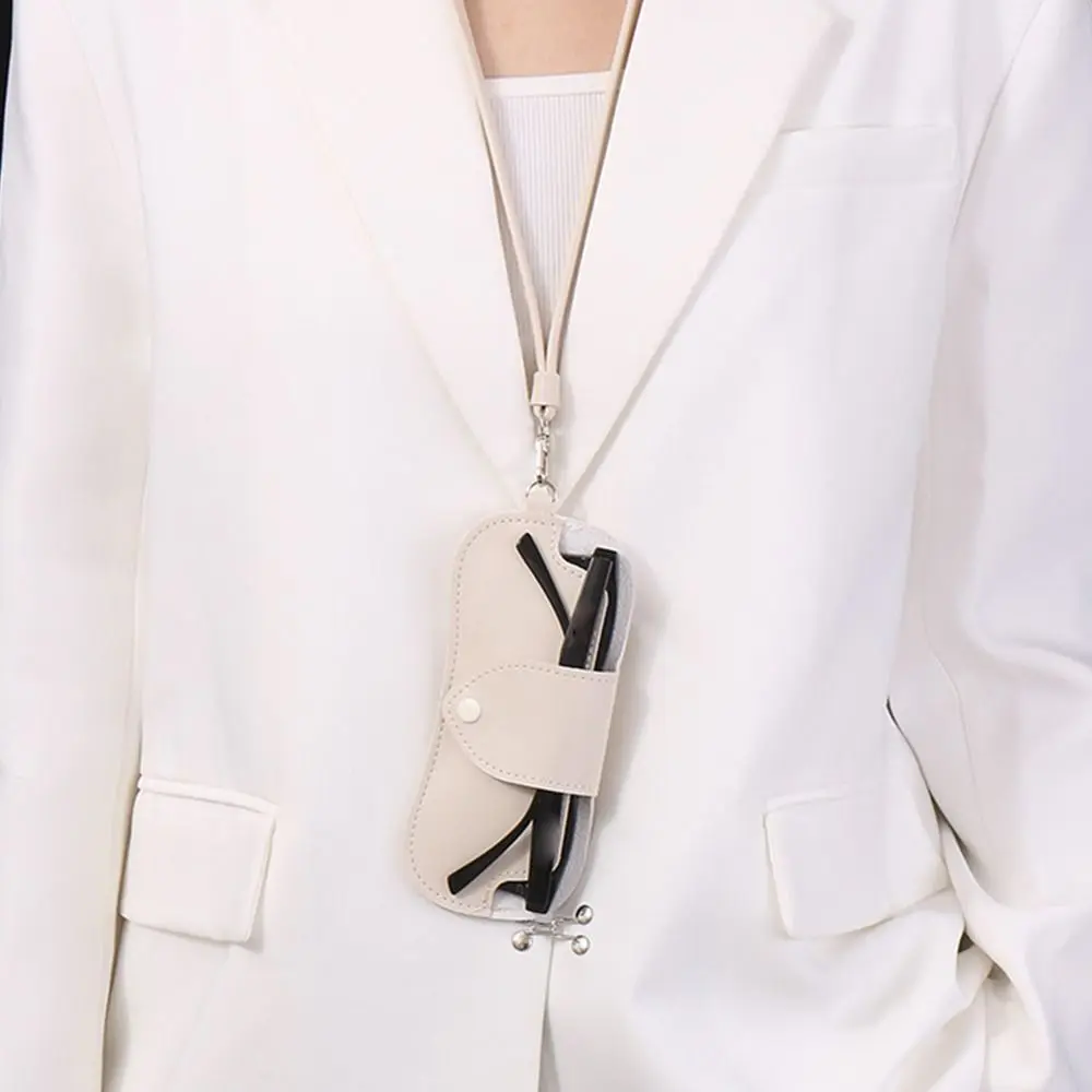 Portable Sunglasses Storage Bag Glasses Case Hanging Neck PU Leather Glasses Holder Protective Sleeve with Lanyard