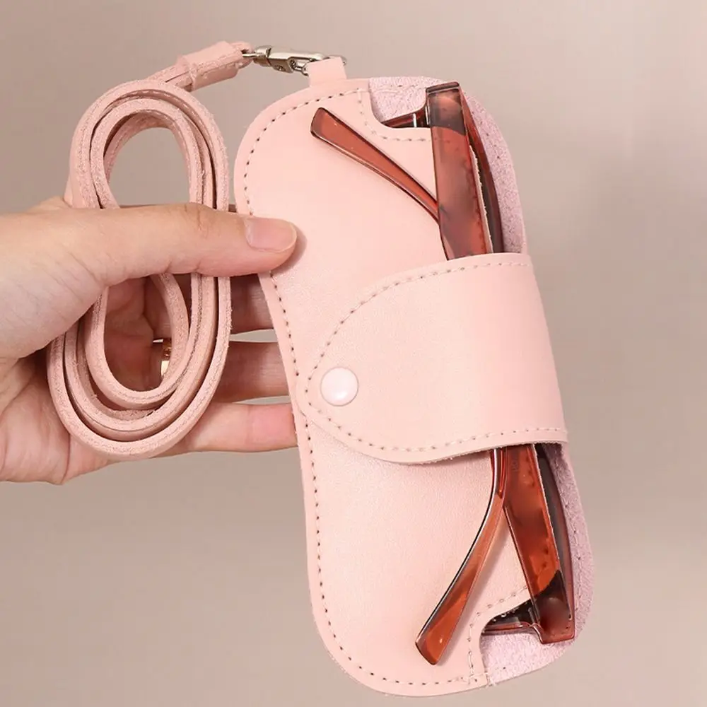 Portable Sunglasses Storage Bag Glasses Case Hanging Neck PU Leather Glasses Holder Protective Sleeve with Lanyard