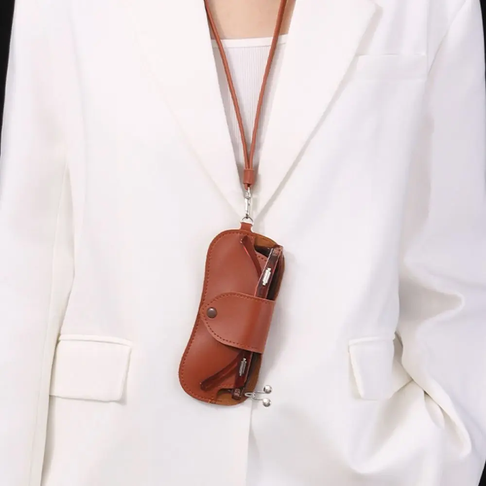 Portable Sunglasses Storage Bag Glasses Case Hanging Neck PU Leather Glasses Holder Protective Sleeve with Lanyard