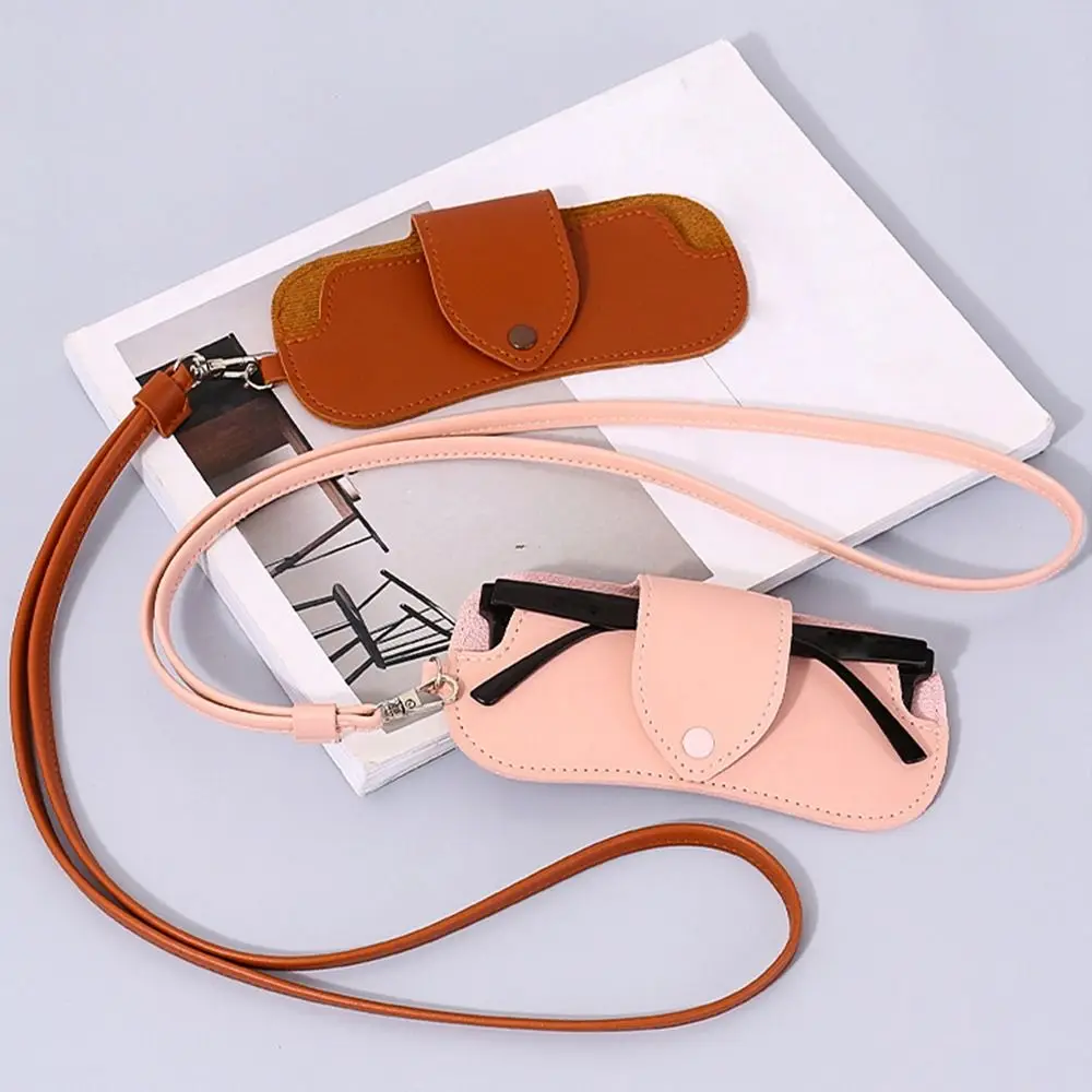 Portable Sunglasses Storage Bag Glasses Case Hanging Neck PU Leather Glasses Holder Protective Sleeve with Lanyard