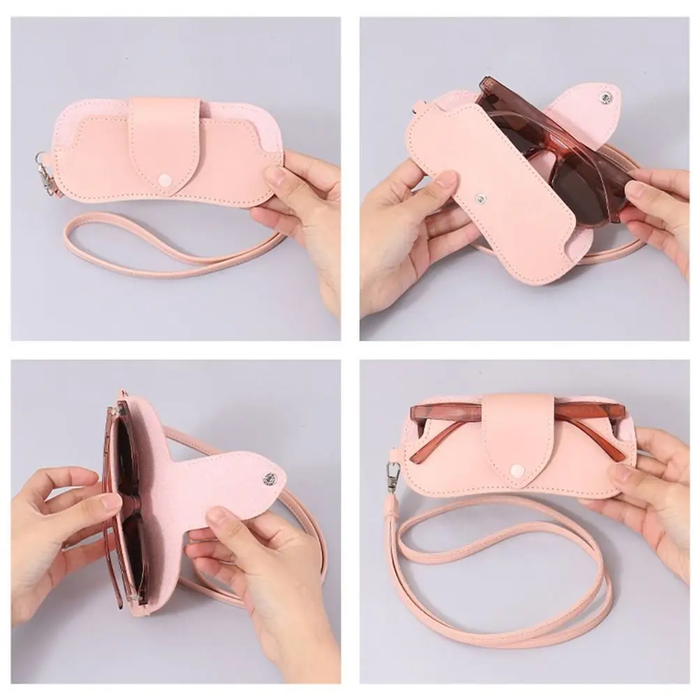 Portable Sunglasses Storage Bag Glasses Case Hanging Neck PU Leather Glasses Holder Protective Sleeve with Lanyard