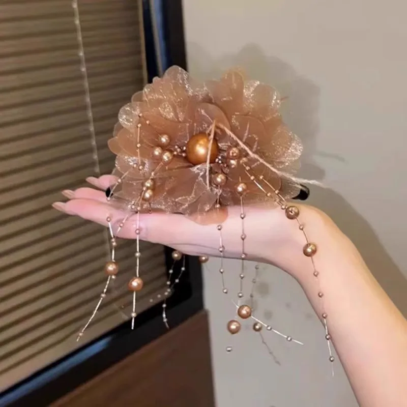 Vintage Chiffon Flower Pearls Feather Hair Claw For Women Lady Elegant Hair Ornament Headband Hair Clip Hairpin Hair Accessories