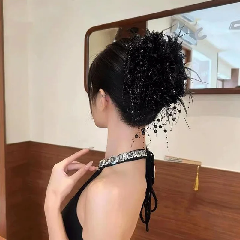 Vintage Chiffon Flower Pearls Feather Hair Claw For Women Lady Elegant Hair Ornament Headband Hair Clip Hairpin Hair Accessories