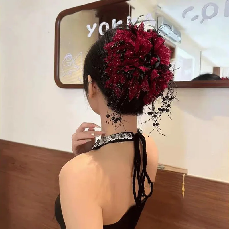 Vintage Chiffon Flower Pearls Feather Hair Claw For Women Lady Elegant Hair Ornament Headband Hair Clip Hairpin Hair Accessories