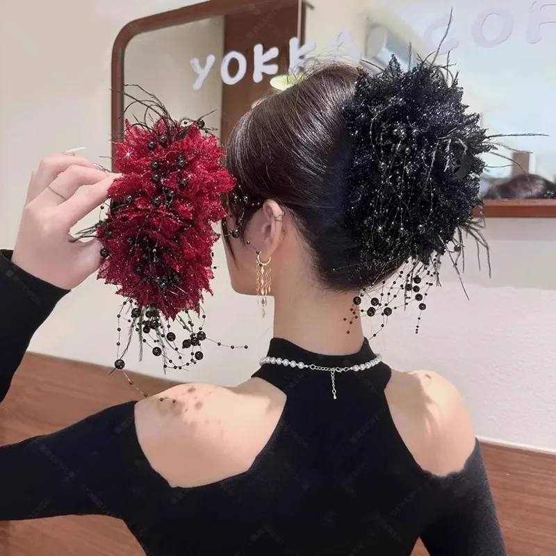 Vintage Chiffon Flower Pearls Feather Hair Claw For Women Lady Elegant Hair Ornament Headband Hair Clip Hairpin Hair Accessories