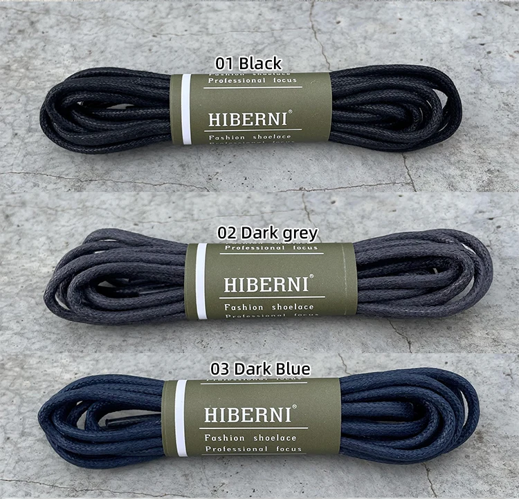 HIBERNI Round Cotton Waxed Shoelaces Black Gray Blue 60/70/80/90/100/120/140/160/180cm for Work Boots for Men Laces Accessories