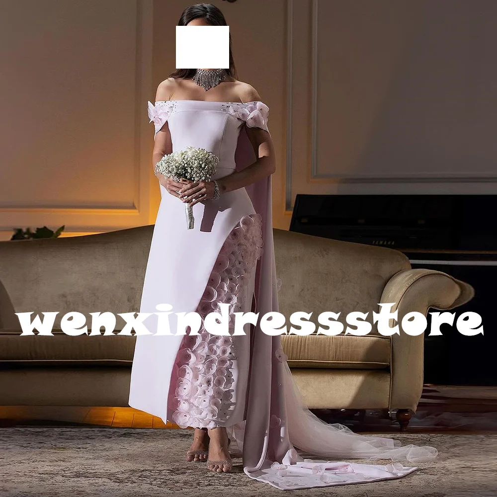 Customized Elegant Appliques Crystal Jersey Off the Shoulder Evening Dress Delicate Boat Neck Straight Short Sleeves P