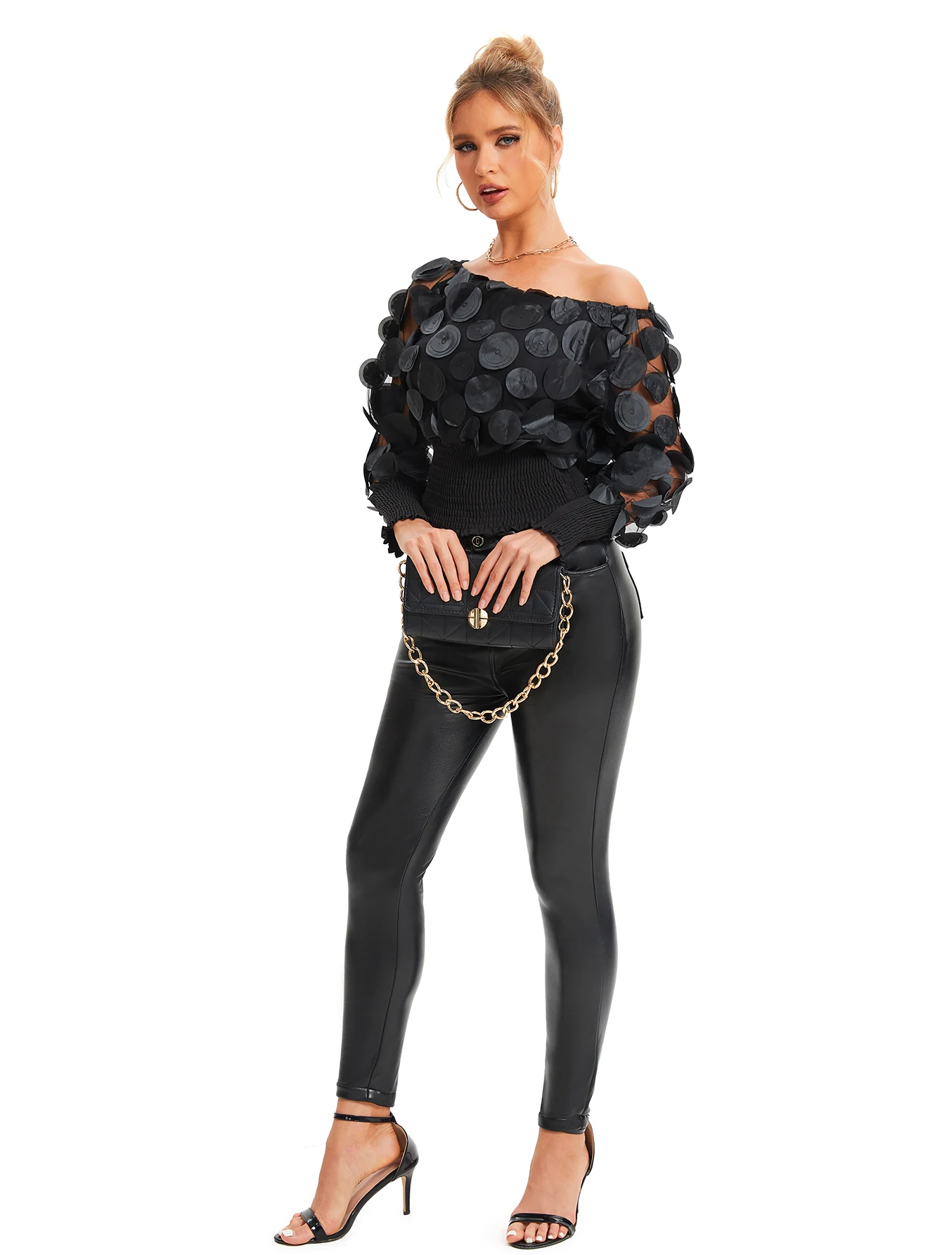 Applique Slant Shoulder Blouse, Elegant Long Sleeve Blouse For Spring & Fall Women's Clothing