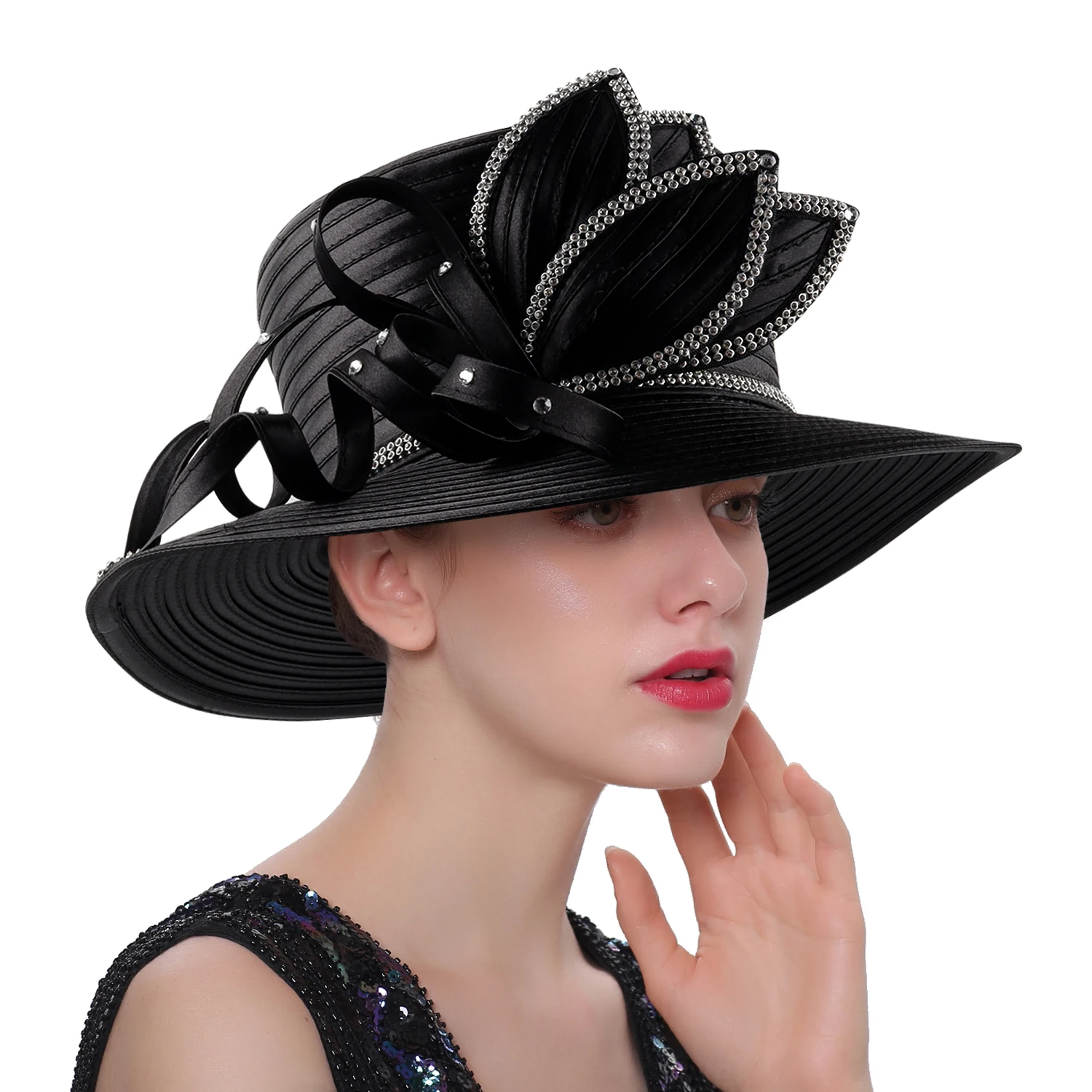 Unique Design Women Satin Cloth Church Hat Elegant Wedding Photography Top Hat Female Banquet Fancy Fascinator Formal Hat Female