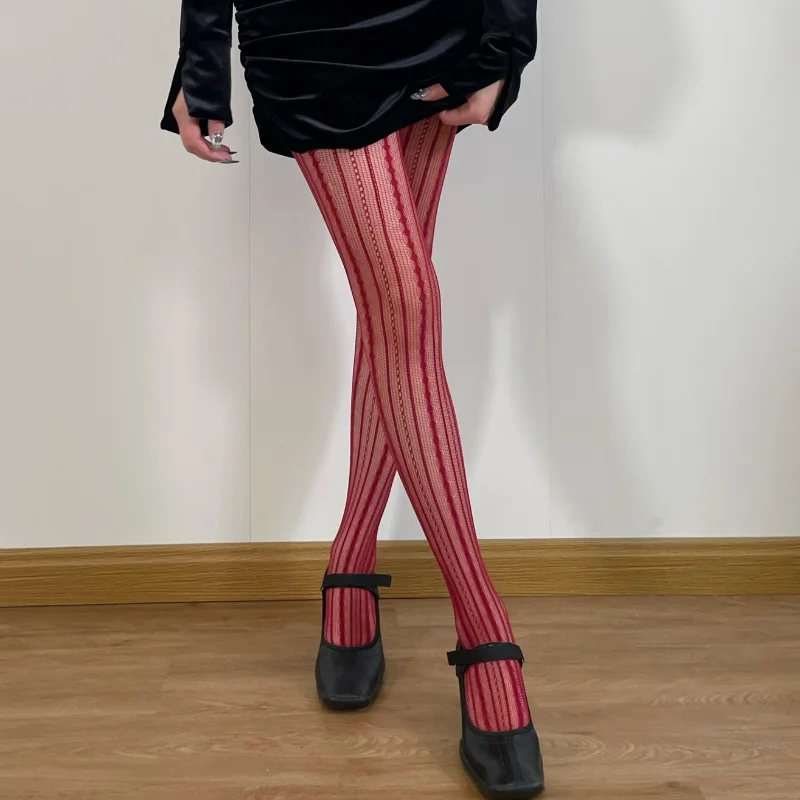 Women Sexy Lace Fishnet Pantyhose Lolita Style Hollow Out Design Red Silk Stockings JK High Waist Striped Tights Christmas Gifts