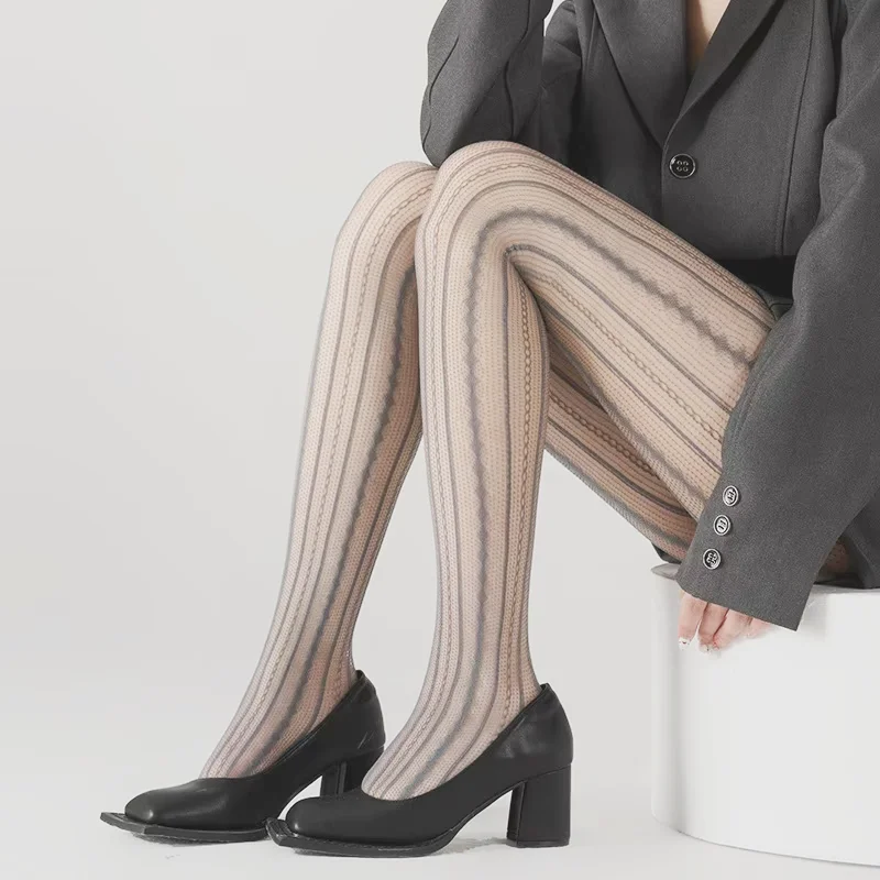 Women Sexy Lace Fishnet Pantyhose Lolita Style Hollow Out Design Red Silk Stockings JK High Waist Striped Tights Christmas Gifts