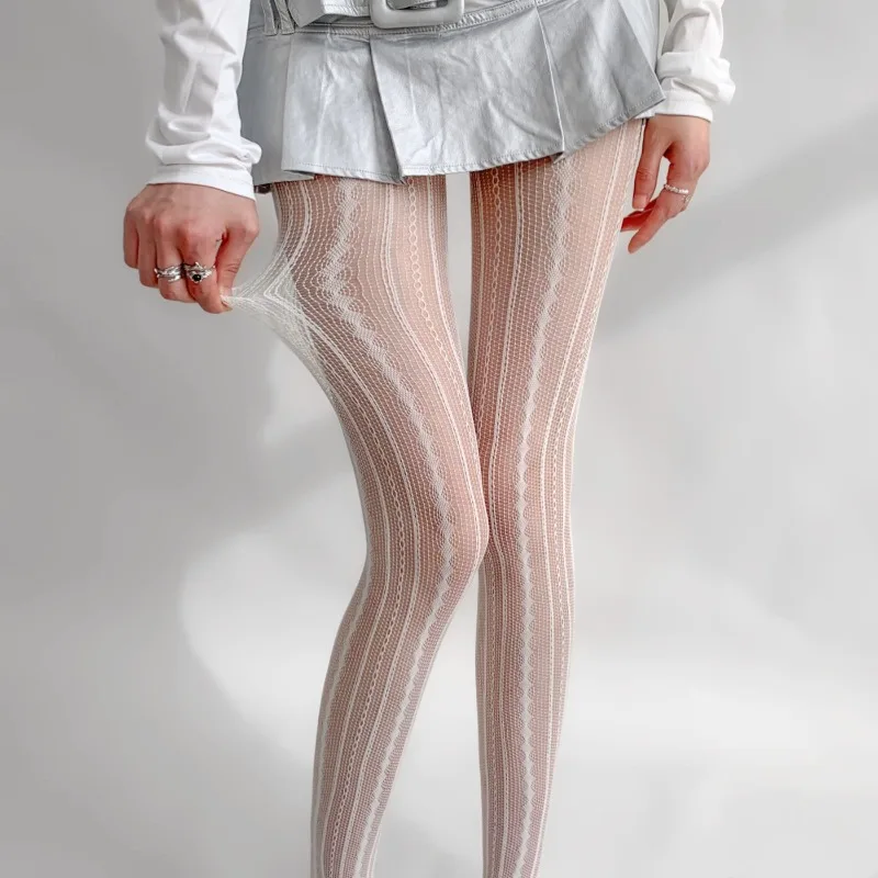 Women Sexy Lace Fishnet Pantyhose Lolita Style Hollow Out Design Red Silk Stockings JK High Waist Striped Tights Christmas Gifts