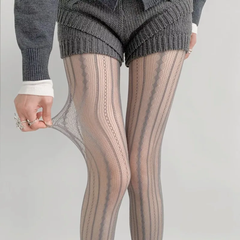 Women Sexy Lace Fishnet Pantyhose Lolita Style Hollow Out Design Red Silk Stockings JK High Waist Striped Tights Christmas Gifts