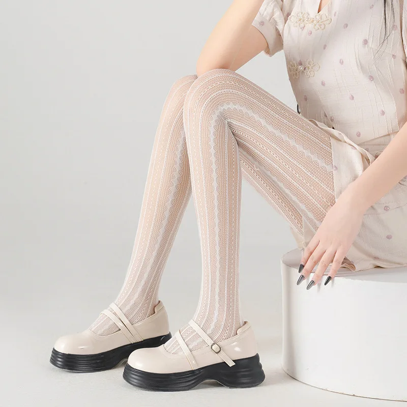 Women Sexy Lace Fishnet Pantyhose Lolita Style Hollow Out Design Red Silk Stockings JK High Waist Striped Tights Christmas Gifts
