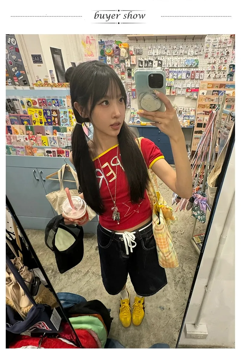Karrram Japanese Y2k Off Shoulder T-shirt Trashy 2000s Letter Print Crop Top Vintage Harajuku Rhinestones T Shirt American Retro