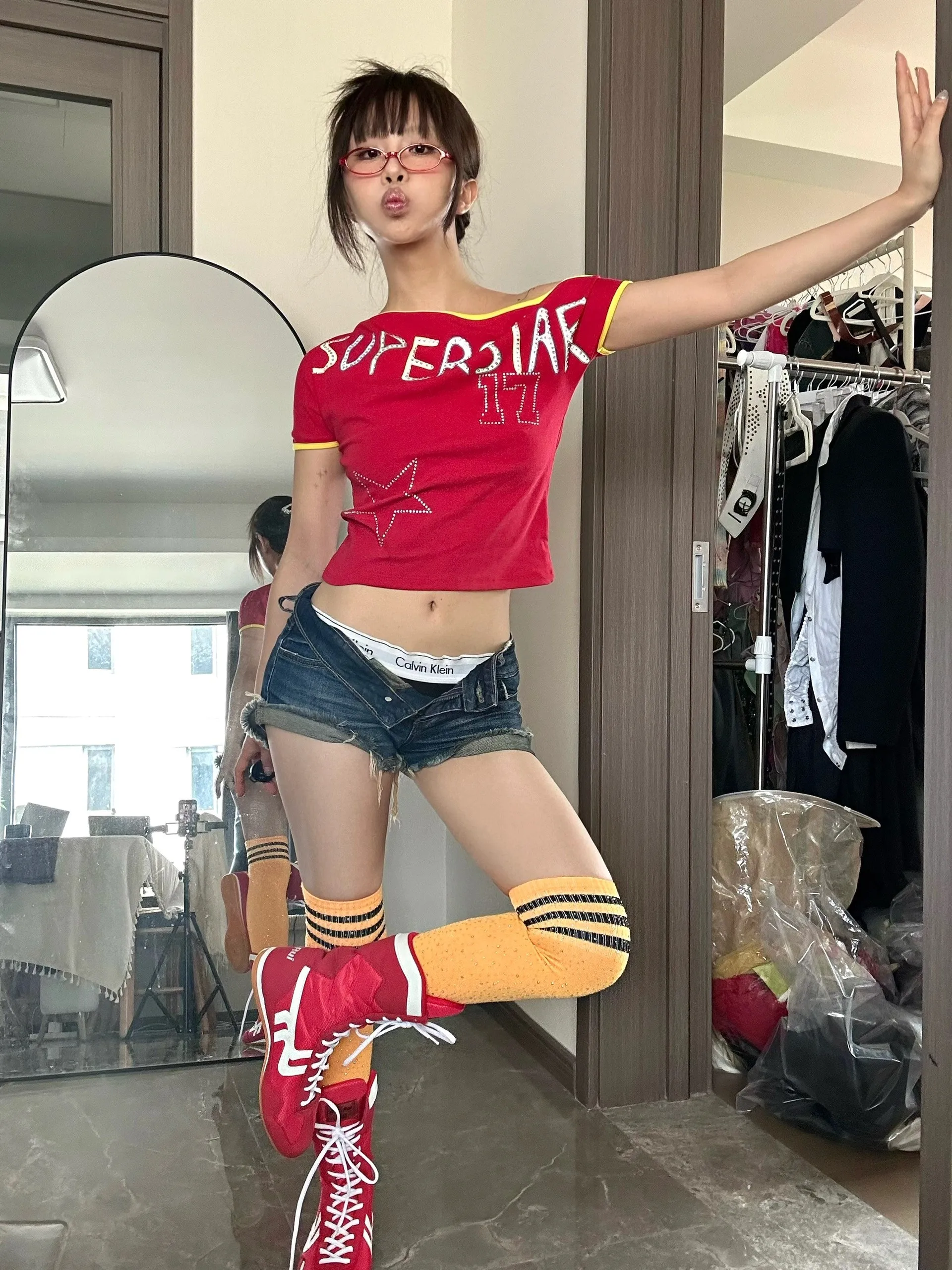 Karrram Japanese Y2k Off Shoulder T-shirt Trashy 2000s Letter Print Crop Top Vintage Harajuku Rhinestones T Shirt American Retro