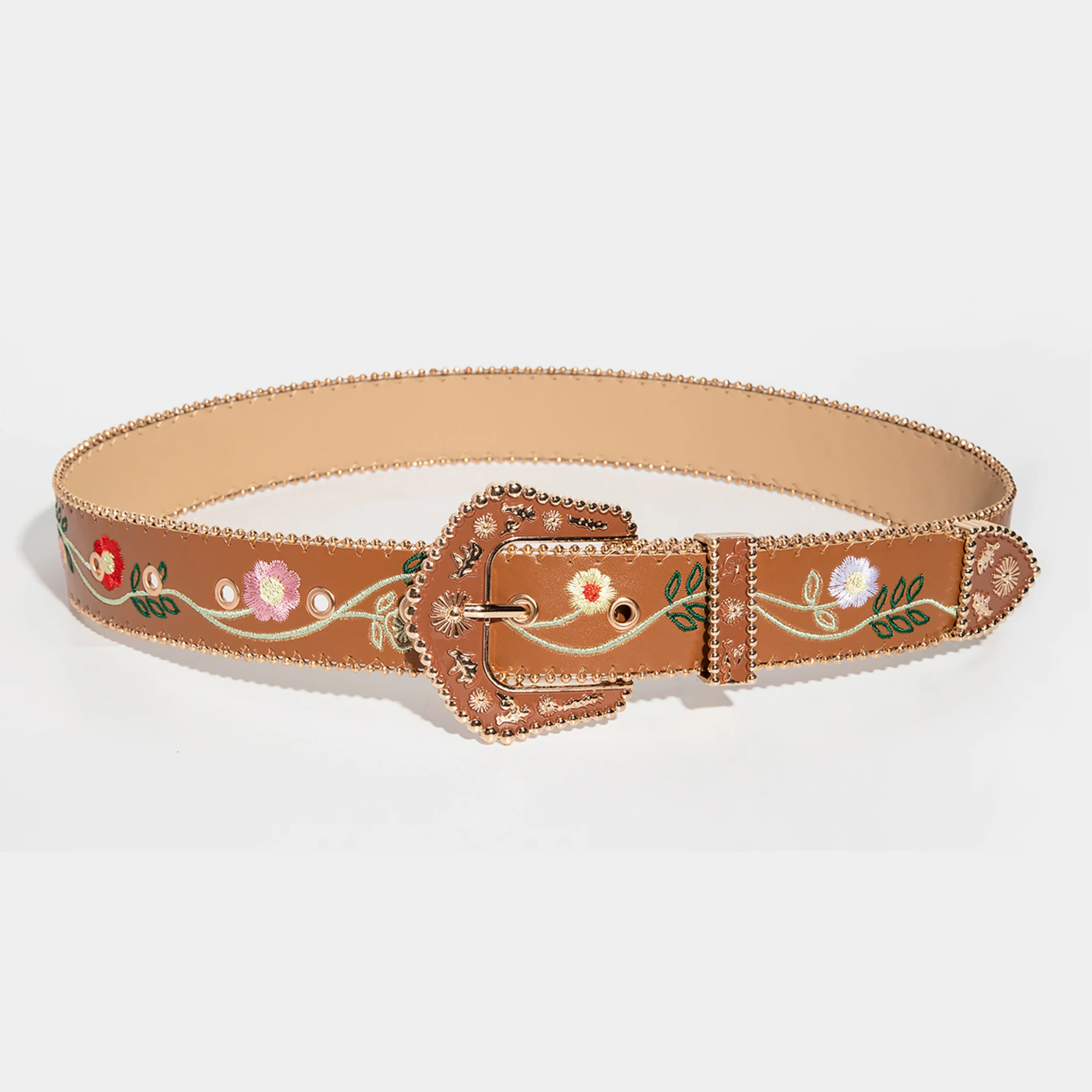 1pc Western Women Retro Casual Multi-Color Carved Beaded Random Floral Embossed Bead-Edge Belt, Suitable For Daily Wear