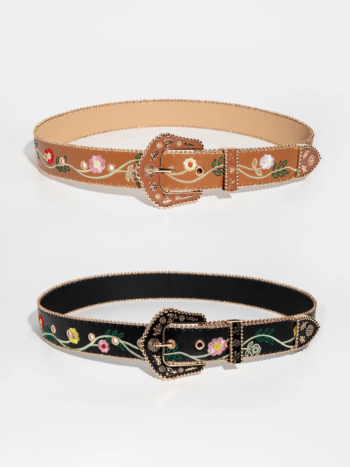 1pc Western Women Retro Casual Multi-Color Carved Beaded Random Floral Embossed Bead-Edge Belt, Suitable For Daily Wear
