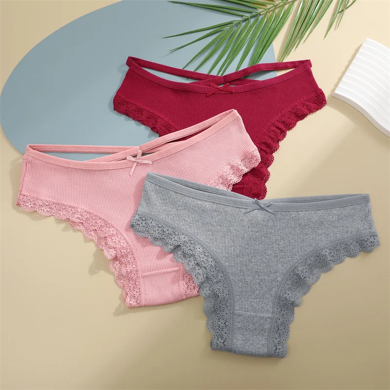 5PCS Women's Cotton Briefs Sexy Lace Underpant Hollow Brazilian Panties Comfortable Underwear Lingerie S-XL Solid Color Lingerie