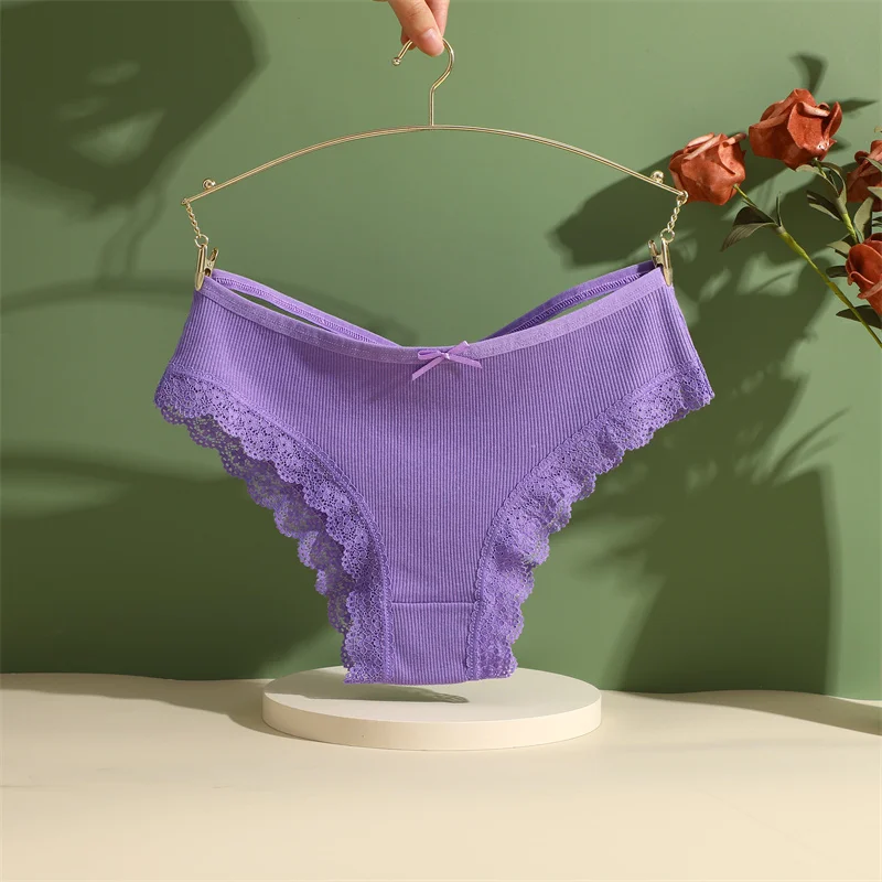 5PCS Women's Cotton Briefs Sexy Lace Underpant Hollow Brazilian Panties Comfortable Underwear Lingerie S-XL Solid Color Lingerie
